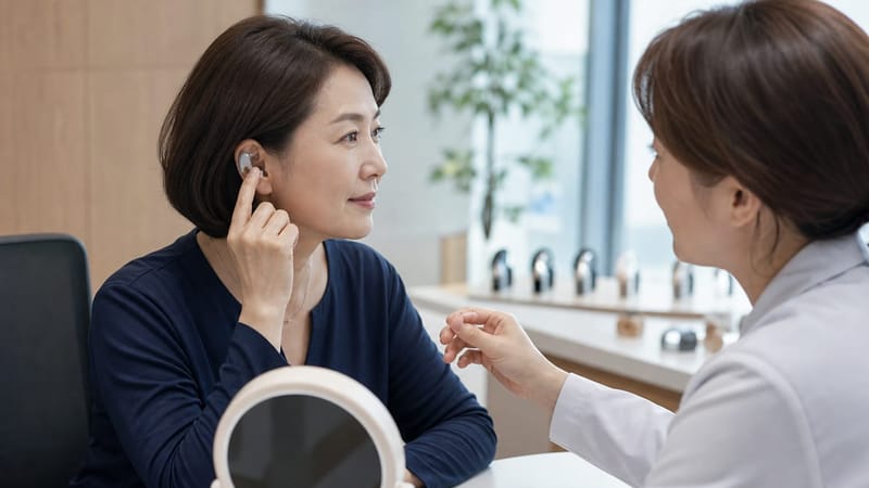 보청기 착용 전 청능사와 소리 크기를 맞추는 적합 과정입니다.