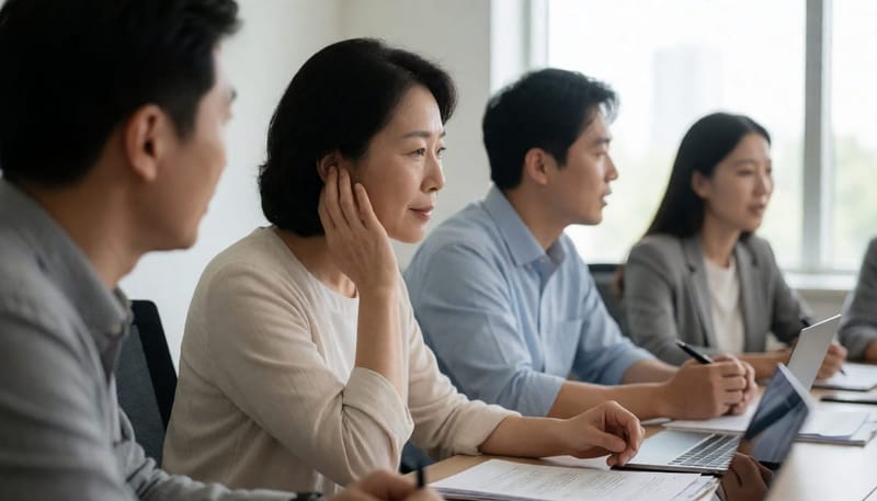 회의실에서 손을 귀에 대고 대화를 놓칠까 집중하는 여성의 모습