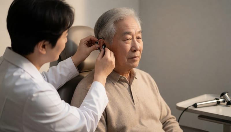 의사가 노년 남성 환자에게 보청기를 조심스럽게 착용시켜 주는 장면