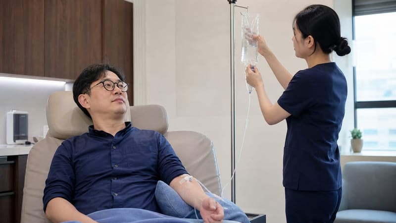 정맥 확보 후 수액을 주입하는 실제 처치 과정입니다