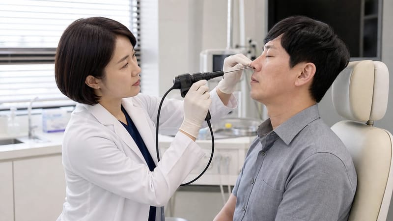 비강 내시경으로 코 점막 상태를 확인하는 진료 모습