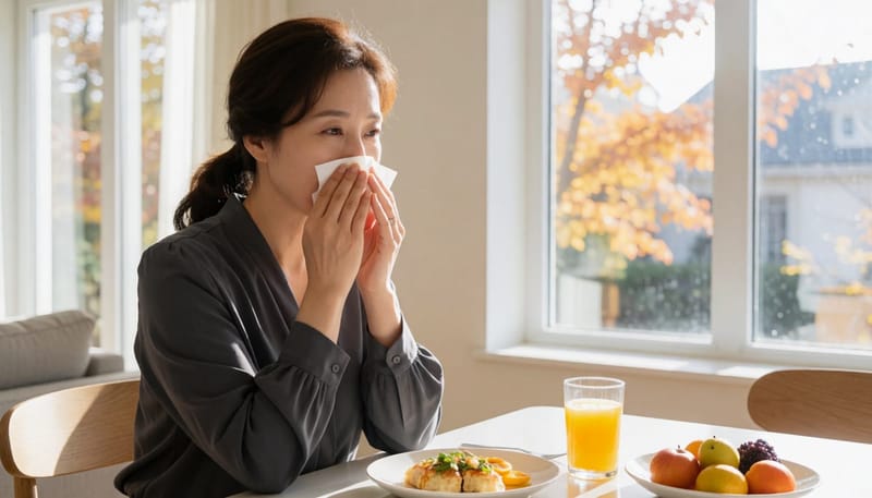 환절기 아침, 반복되는 코 증상을 살피는 모습