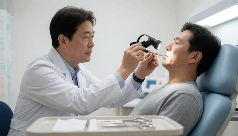 의사가 진료 의자에 앉은 환자의 코 안을 비강경으로 살펴보는 모습