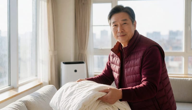 침구를 자주 세탁하고 실내 환경을 관리하는 모습