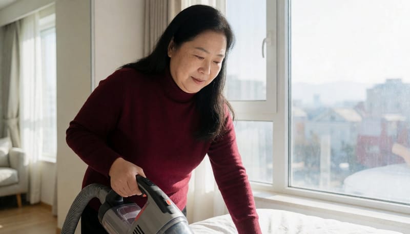 집먼지진드기 관리를 위해 침구를 주기적으로 세탁하고 청소하는 모습입니다.