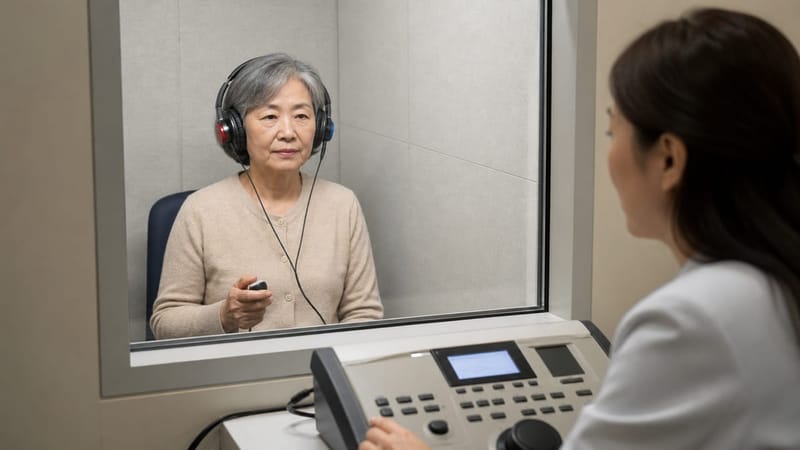 방음 부스 안에서 진행되는 청력검사는 여러 주파수의 소리에 반응하는 방식으로 이뤄집니다.