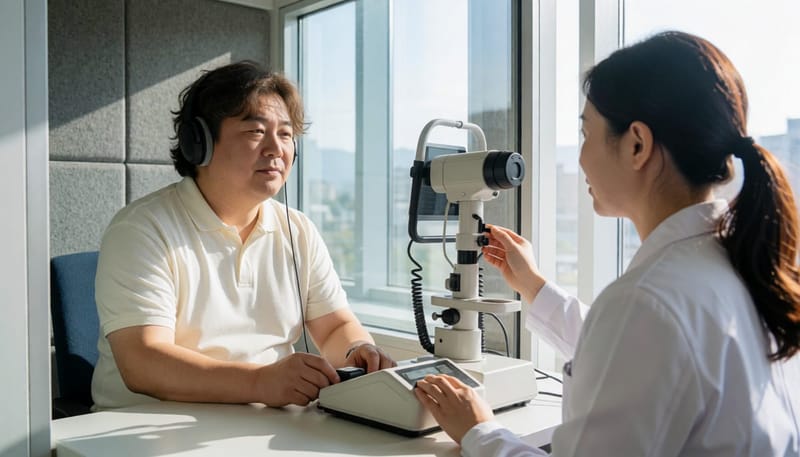 방음부스에서 진행되는 순음청력검사 모습