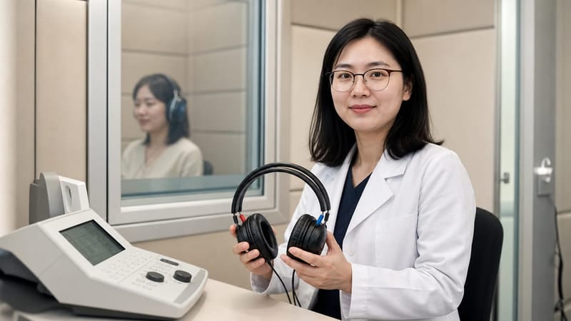 방음부스에서 진행되는 순음청력검사와 어음청력검사 모습입니다