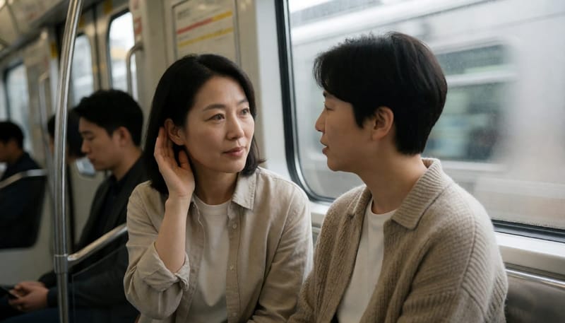 지하철에서 대화를 잘 듣지 못해 손을 귀에 대는 여성의 모습