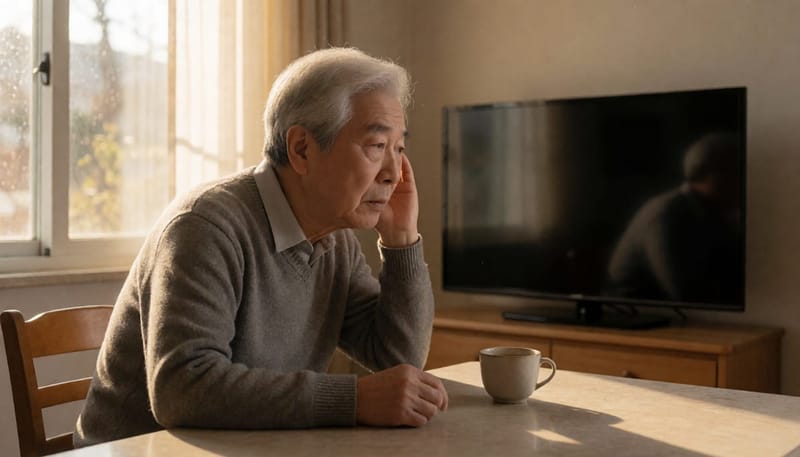 텔레비전 소리를 잘 듣지 못해 몸을 기울이는 노년 남성의 일상 모습