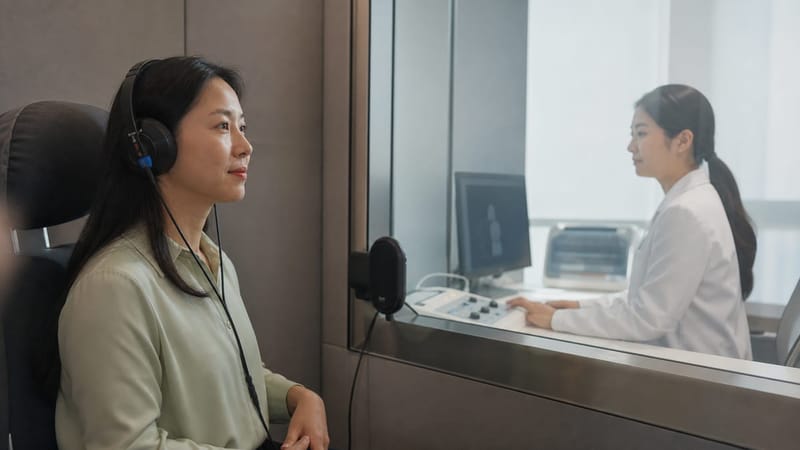 순음청력검사는 방음부스 안에서 주파수별 최소가청역치를 측정하는 방식으로 진행됩니다