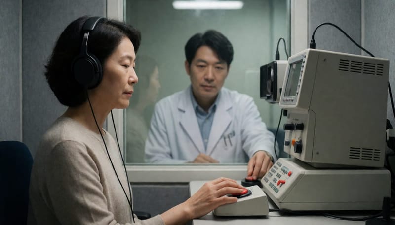 방음 부스 안에서 헤드폰을 쓰고 청력검사를 받는 중년 여성의 모습