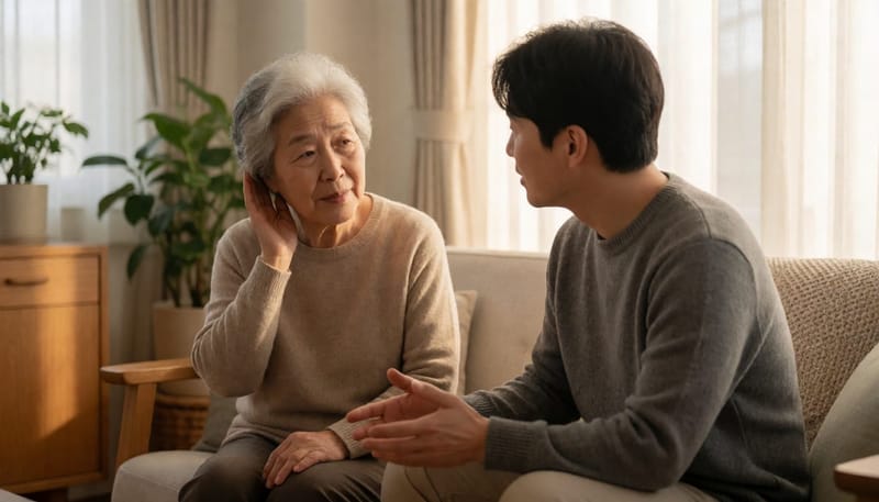 거실에서 대화 중 소리를 잘 듣지 못해 귀를 기울이는 노년 여성의 모습