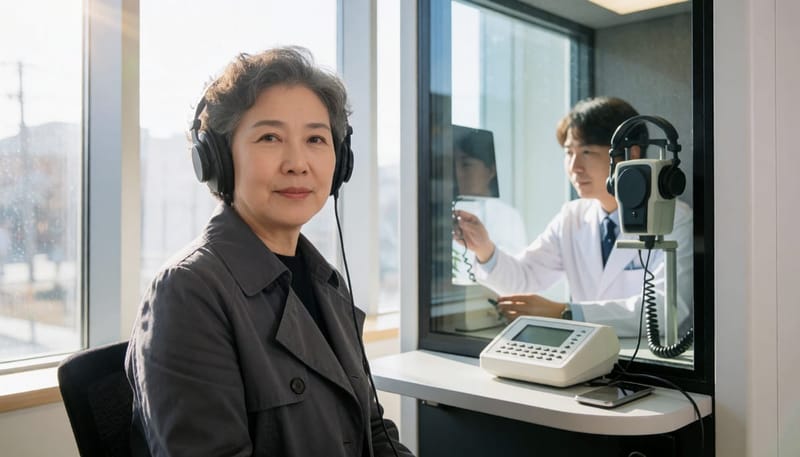 방음부스에서 순음청력검사를 받는 모습. 두 귀의 청력손실 정도가 70dB, 90dB 기준 중 어디에 해당하는지가 청각장애진단의 출발점입니다.