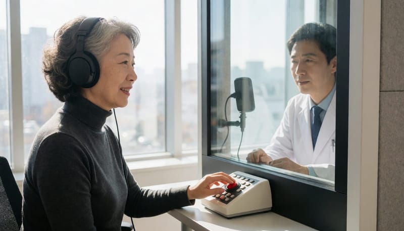 방음부스에서 진행되는 순음청력검사 모습입니다.
