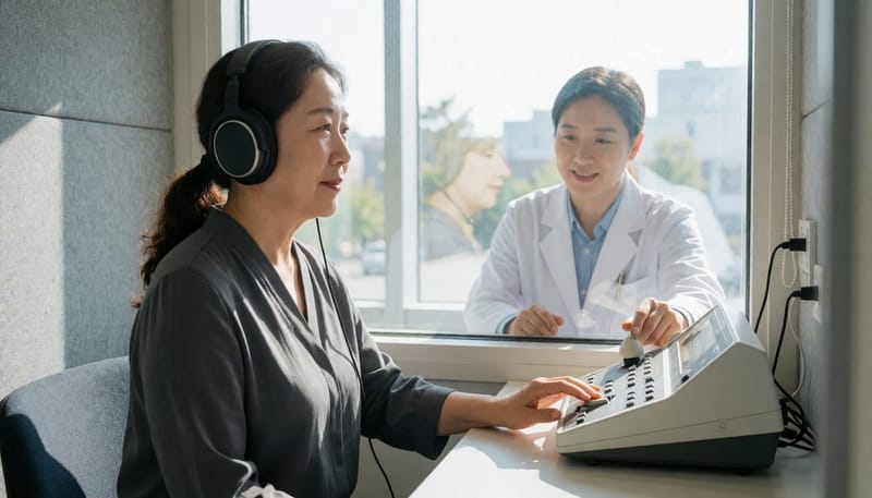 순음청력검사는 주파수별로 들리는 최소 소리 크기를 측정해 청력역치를 기록합니다