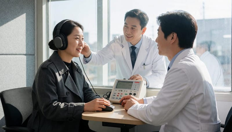 순음청력검사는 여러 주파수의 소리를 들으며 반응을 확인하는 방식으로 진행됩니다.