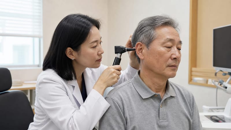 이경 검사로 고막 상태를 먼저 확인한 뒤 정밀 청력검사를 진행합니다.