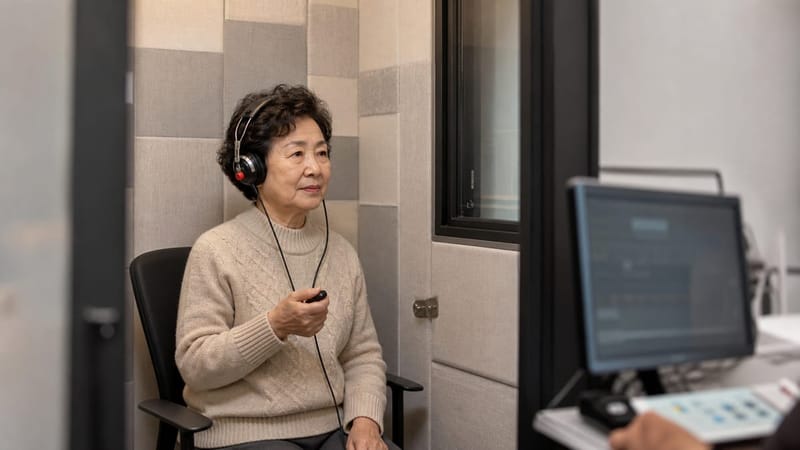 성인과 고령층은 방음부스 안에서 순음청력검사를 통해 주파수별 역치를 확인합니다.