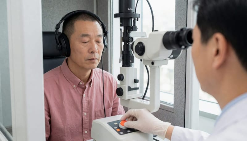 방음부스 안에서 주파수별로 소리를 들려주며 반응을 확인합니다.