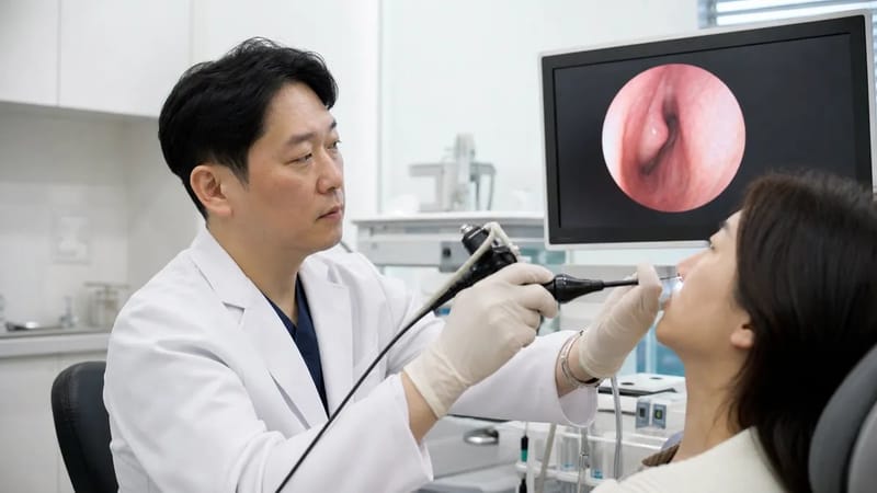비내시경으로 콧속 상태를 확인하는 진료 장면입니다.