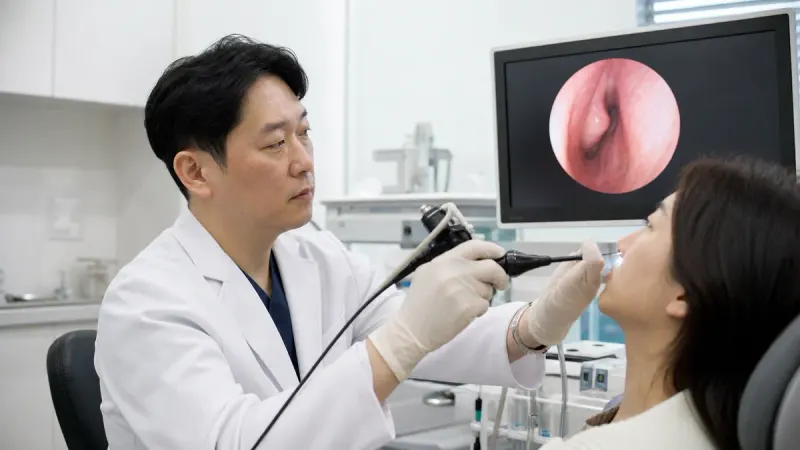 비내시경으로 콧속 상태를 확인하는 진료 장면입니다.