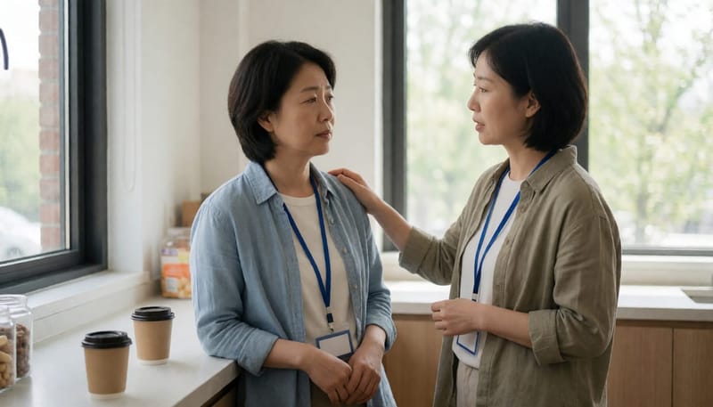 동료가 어지럼증을 느끼는 여성을 걱정스럽게 살펴보는 사무실 모습