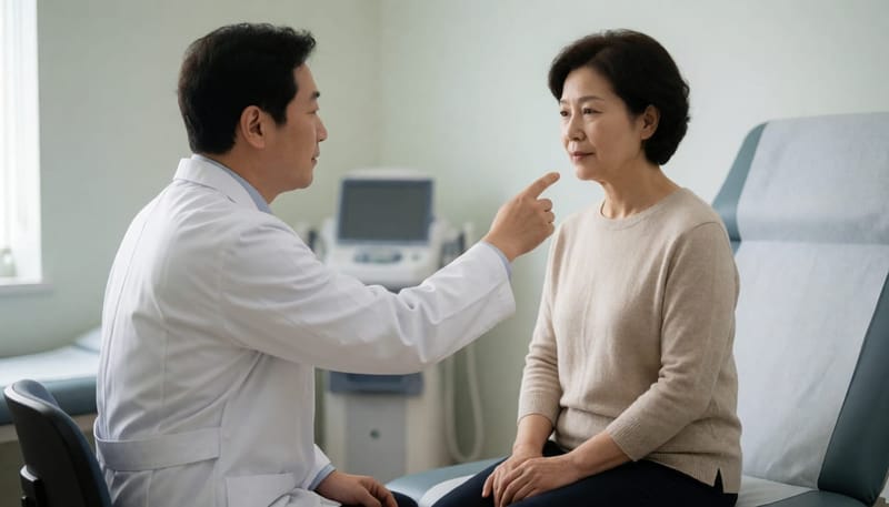 의사가 어지럼증 환자의 눈 움직임을 확인하며 상담하는 진료실 장면