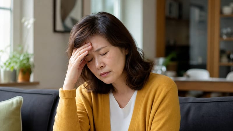 갑작스러운 어지럼을 느끼며 잠시 앉아 안정을 취하는 모습