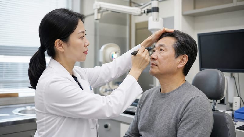 어지럼증 진료 시 눈의 움직임과 두부 반응을 함께 확인하는 검사 장면