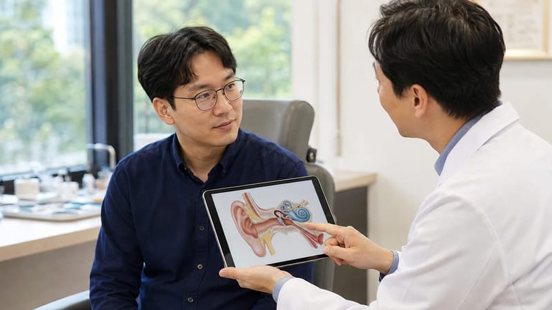 어지럼증 원인을 확인하기 위한 검사와 상담 장면