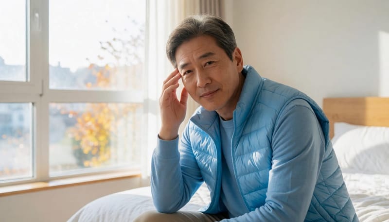 일교차가 큰 환절기 아침, 잠시 어지럼을 느끼며 앉아있는 모습