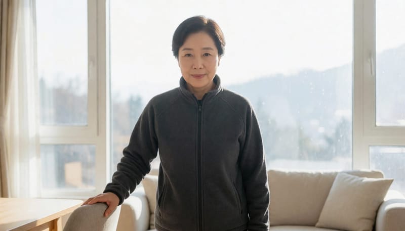 집에서 균형 감각 훈련을 위한 전정재활운동을 따라 하는 모습