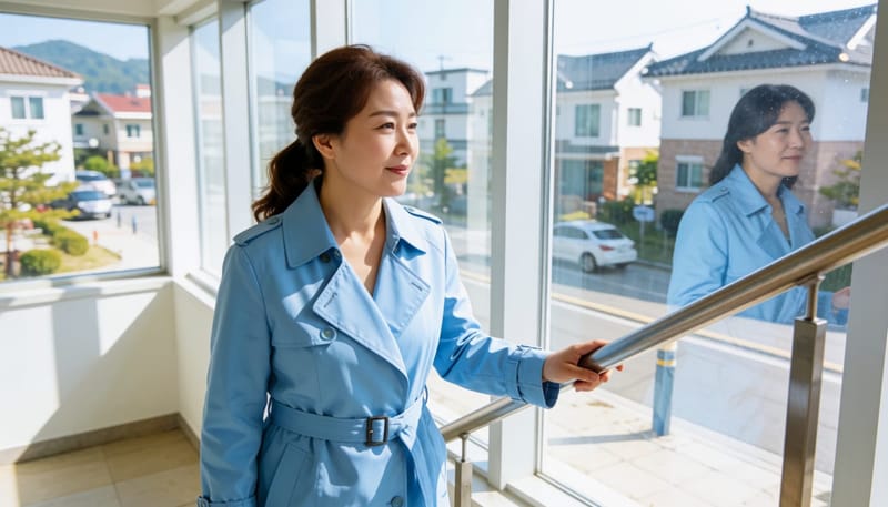 야외 계단에서 갑자기 어지럼증을 느끼며 난간을 붙잡는 모습
