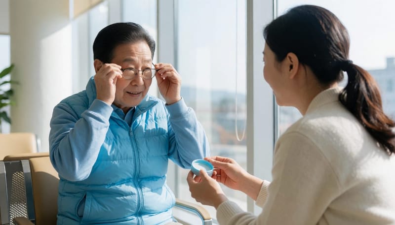 검사 전 콘택트렌즈 대신 안경을 준비하는 모습