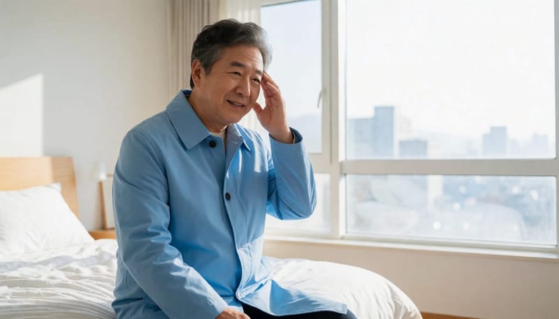 이른 아침 자리에서 일어나다가 어지럼을 느끼는 모습