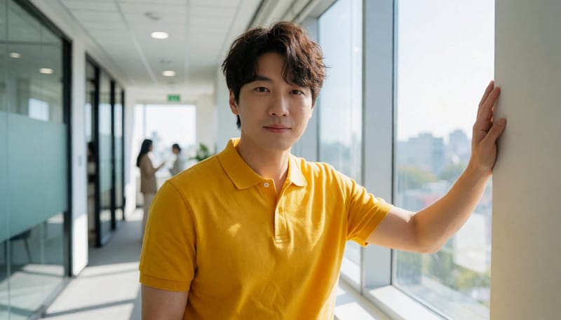 업무 중 갑자기 어지럼을 느껴 벽을 짚고 잠시 멈춘 모습