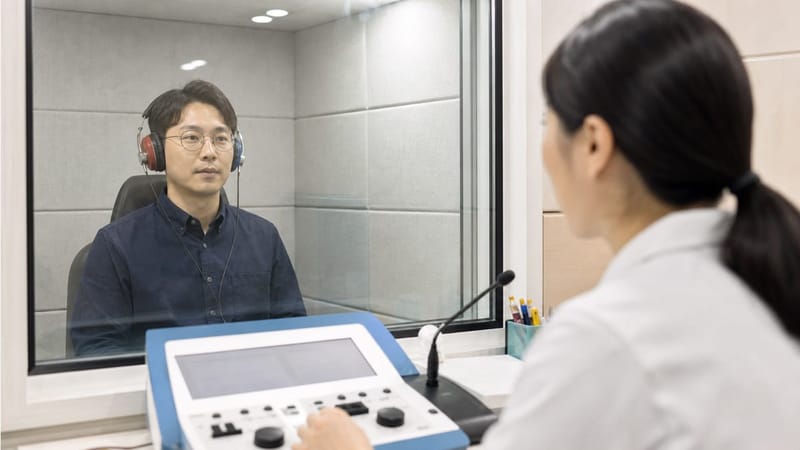 이명 검사는 청력검사로 청력 저하 동반 여부를 먼저 확인하는 과정으로 시작됩니다.