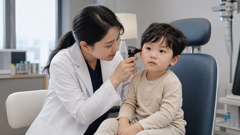 이경 검사로 고막과 중이 상태를 확인하는 모습