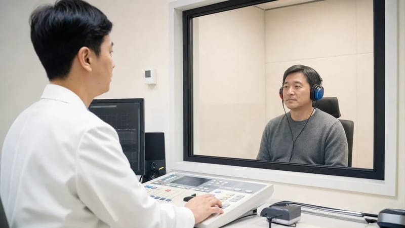 청력검사(순음청력검사)로 소리를 얼마나 들을 수 있는지 확인하는 모습입니다