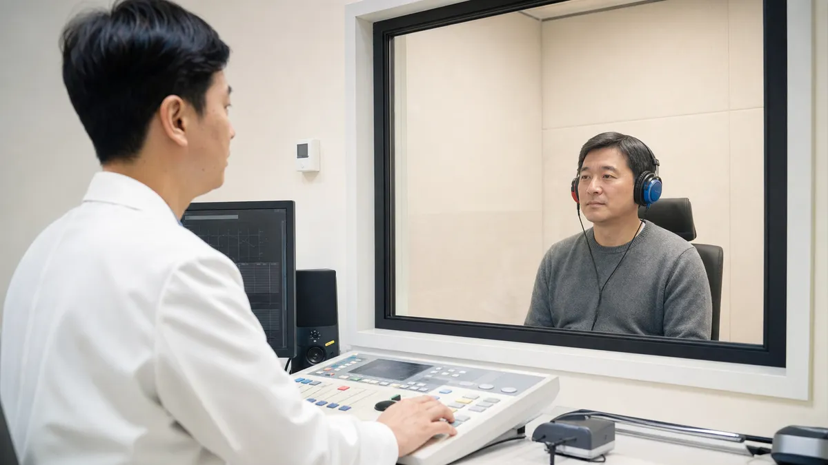 청력검사(순음청력검사)로 소리를 얼마나 들을 수 있는지 확인하는 모습입니다