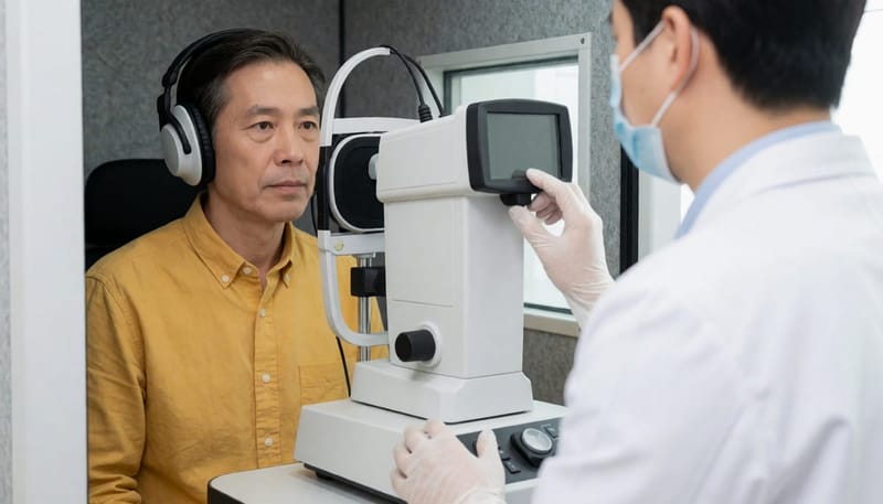 방음 부스에서 진행되는 순음청력검사 장면