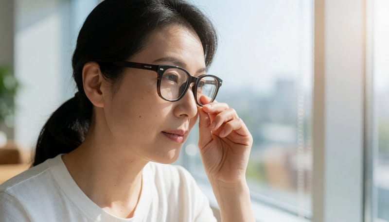 고도근시 안경을 쓴 여성이 눈가를 만지며 생각에 잠긴 모습