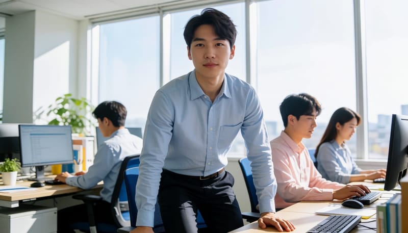 사무실에서 갑자기 허리를 붙잡고 일어서는 젊은 남성 직장인