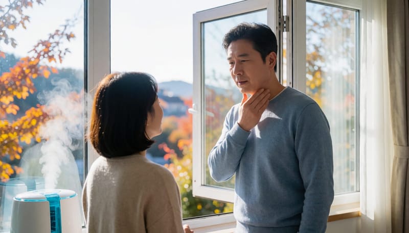 환절기 일교차 속 창가에서 목의 이물감을 느끼는 남성