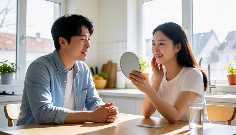 집에서 목과 침 삼킴 상태를 거울과 손으로 확인하는 여성