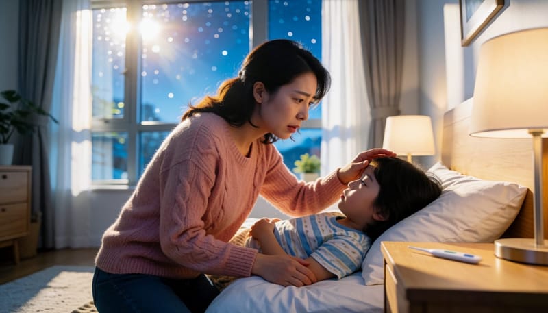 밤에 아이의 첫 열성경련을 걱정스럽게 지켜보는 엄마