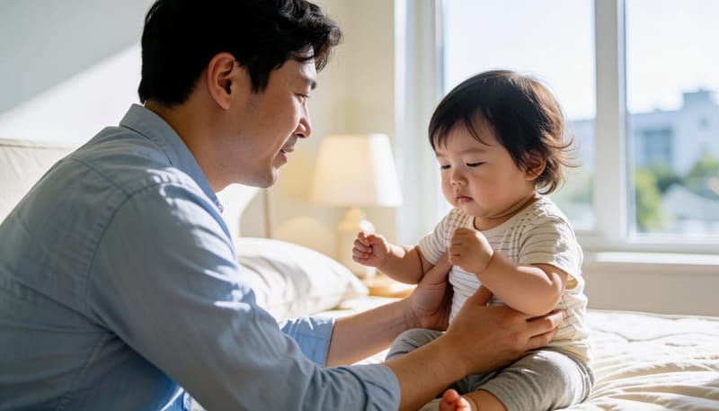 고열로 몸이 뻣뻣해진 아이를 조심스럽게 붙잡는 아빠