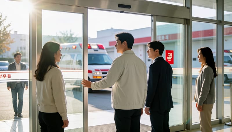 응급실 입구 앞에서 망설이는 남성의 모습