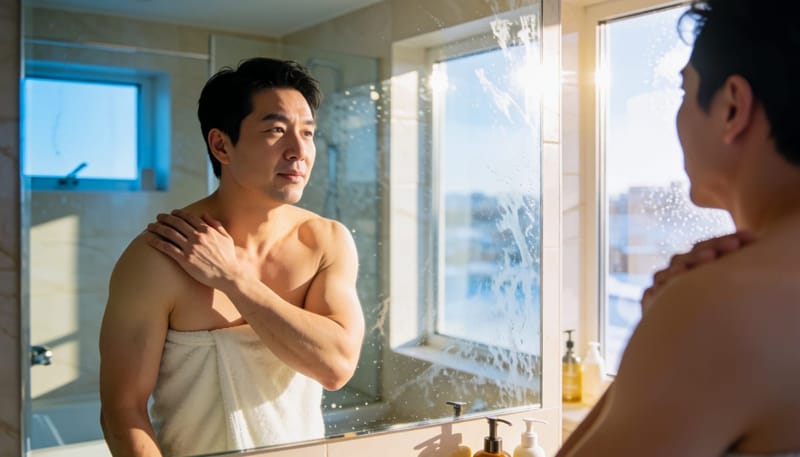 욕실 거울 앞에서 몸 상태를 살피는 남성의 모습